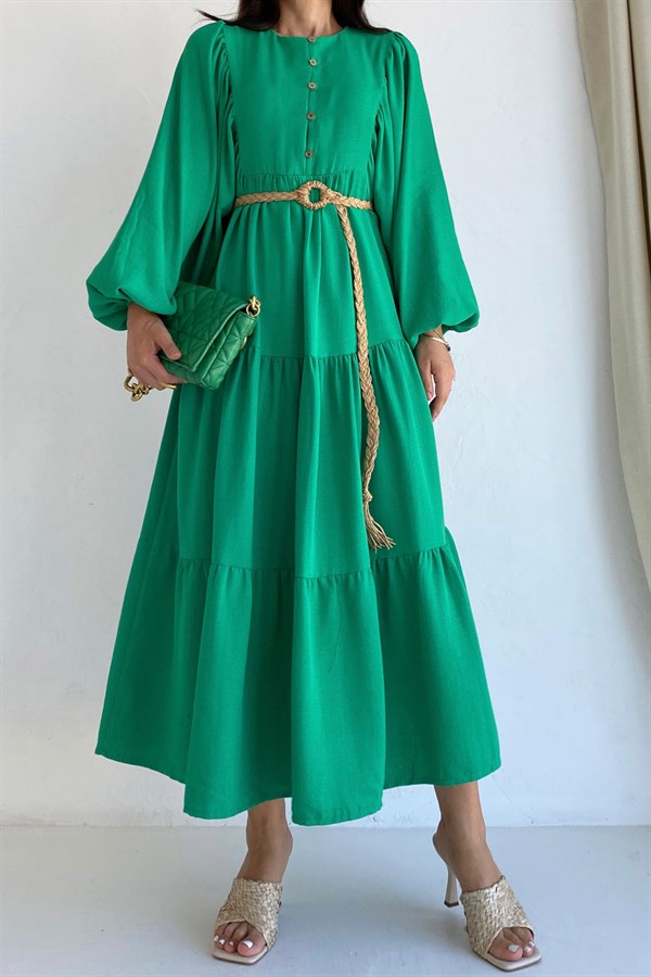 Hasır Kemer Detay Benetton Yeşili Nefeli Elbise