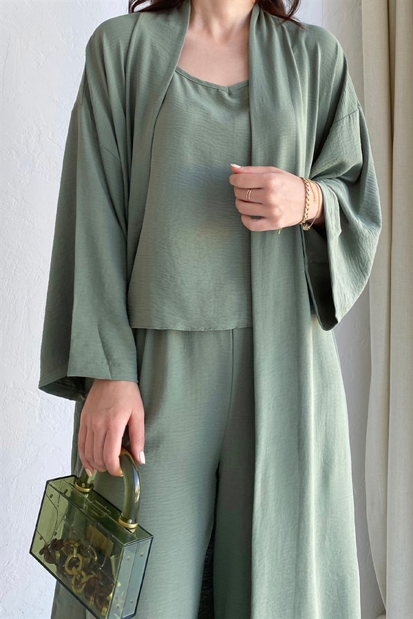 Aerobin Atlet Bol Paça Pantolon Detay Çağla Yeşili Kimono Takım