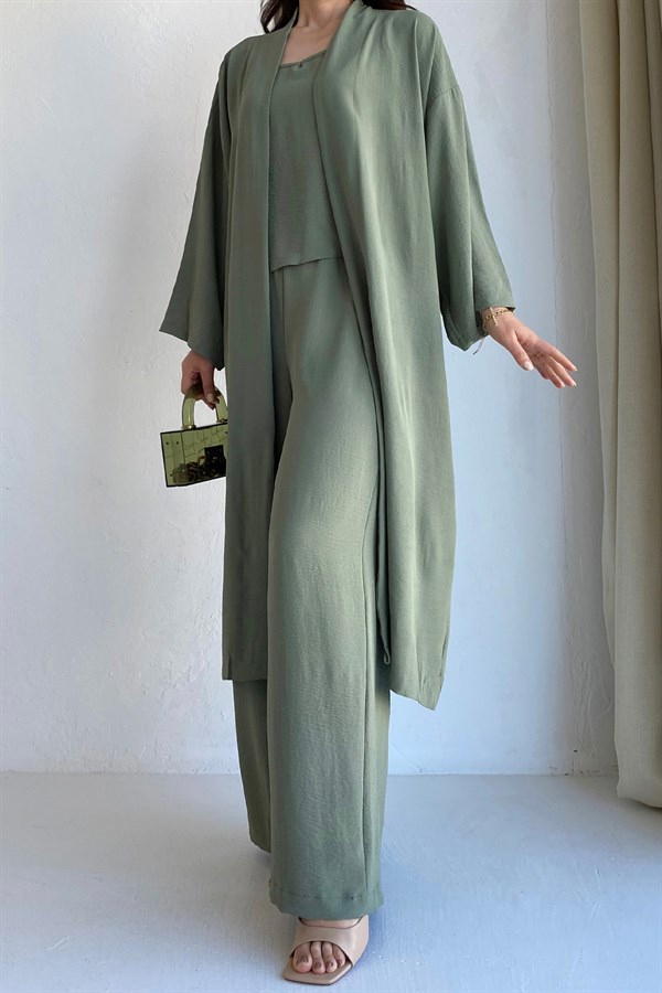 Aerobin Atlet Bol Paça Pantolon Detay Çağla Yeşili Kimono Takım