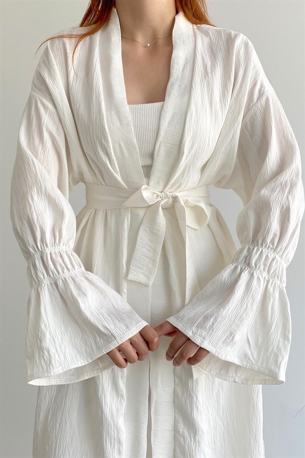Bileği Lastikli Yarasa Kol Ekru Kimono Takım