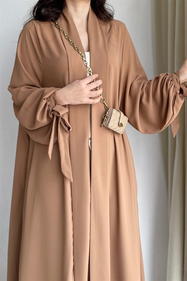 Bilekleri Bağcık Detay Seyyar Kemerli Oversize Camel Kimono