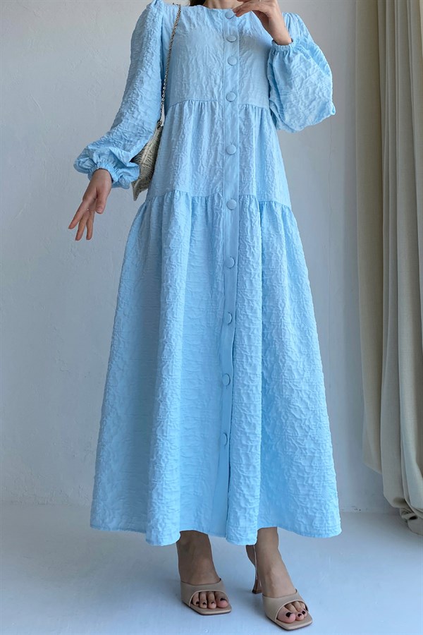 Boydan Kaplama Düğmeli Buz Mavi Gofre Elbise