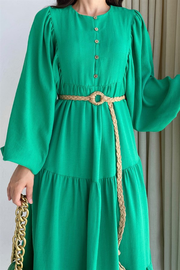 Hasır Kemer Detay Benetton Yeşili Nefeli Elbise