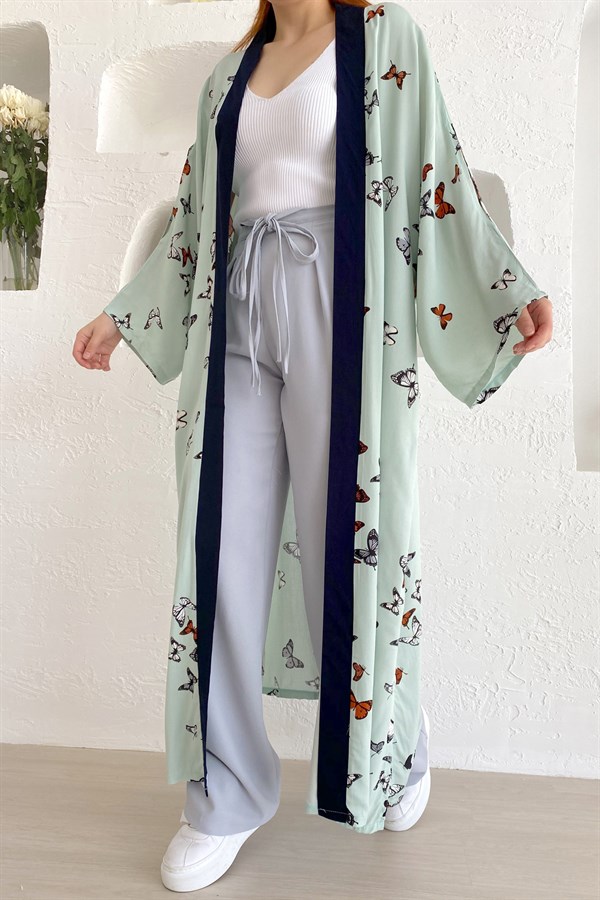 Kelebek Desenli Yanı Yırtmaçlı Mint Kimono