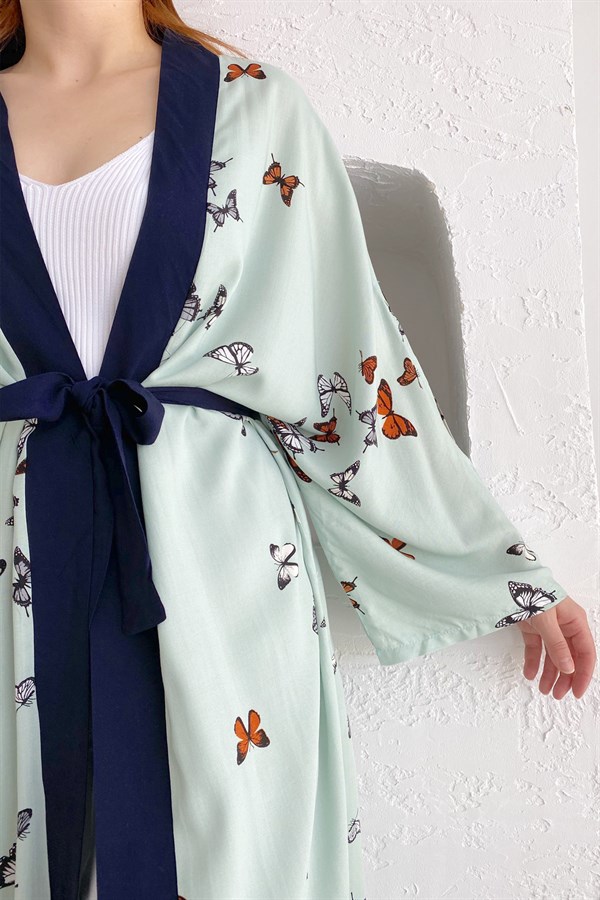 Kelebek Desenli Yanı Yırtmaçlı Mint Kimono