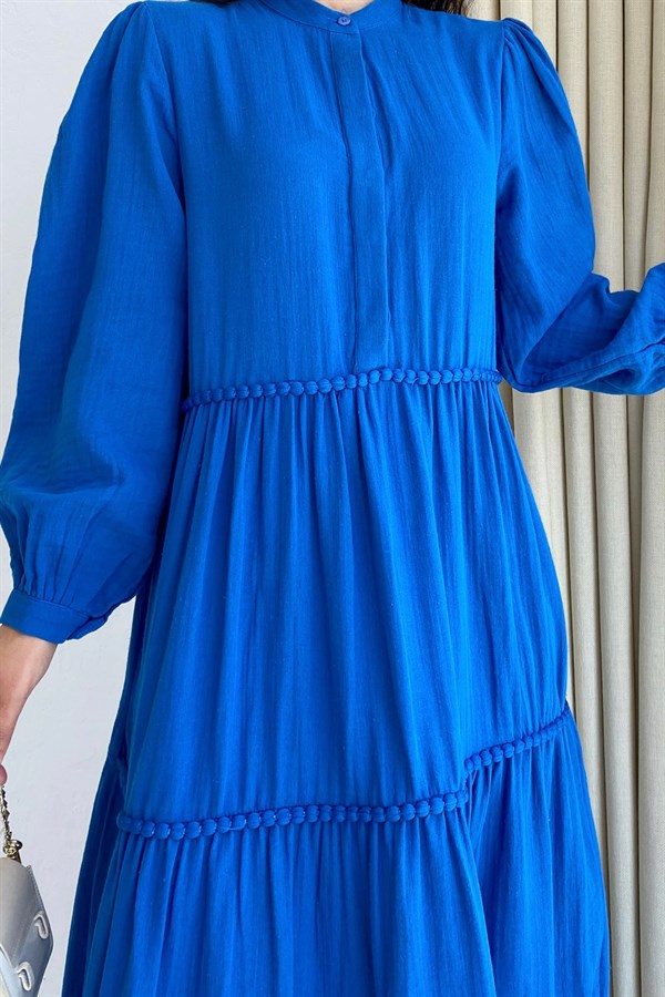 Robası Gizli Düğmeli Saks Mavi Sarya Elbise