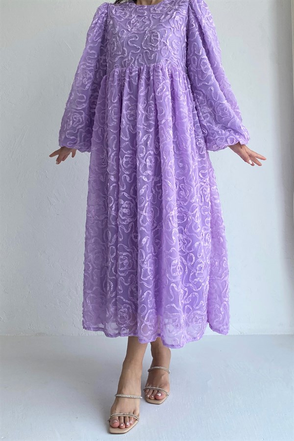 Sarmaşık Tül İşlemeli Oversize Lila Şifon Elbise